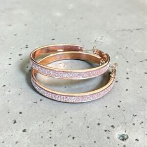 Rose Gold Sparkling Silver Hoop Pierced Earrings 1.75”